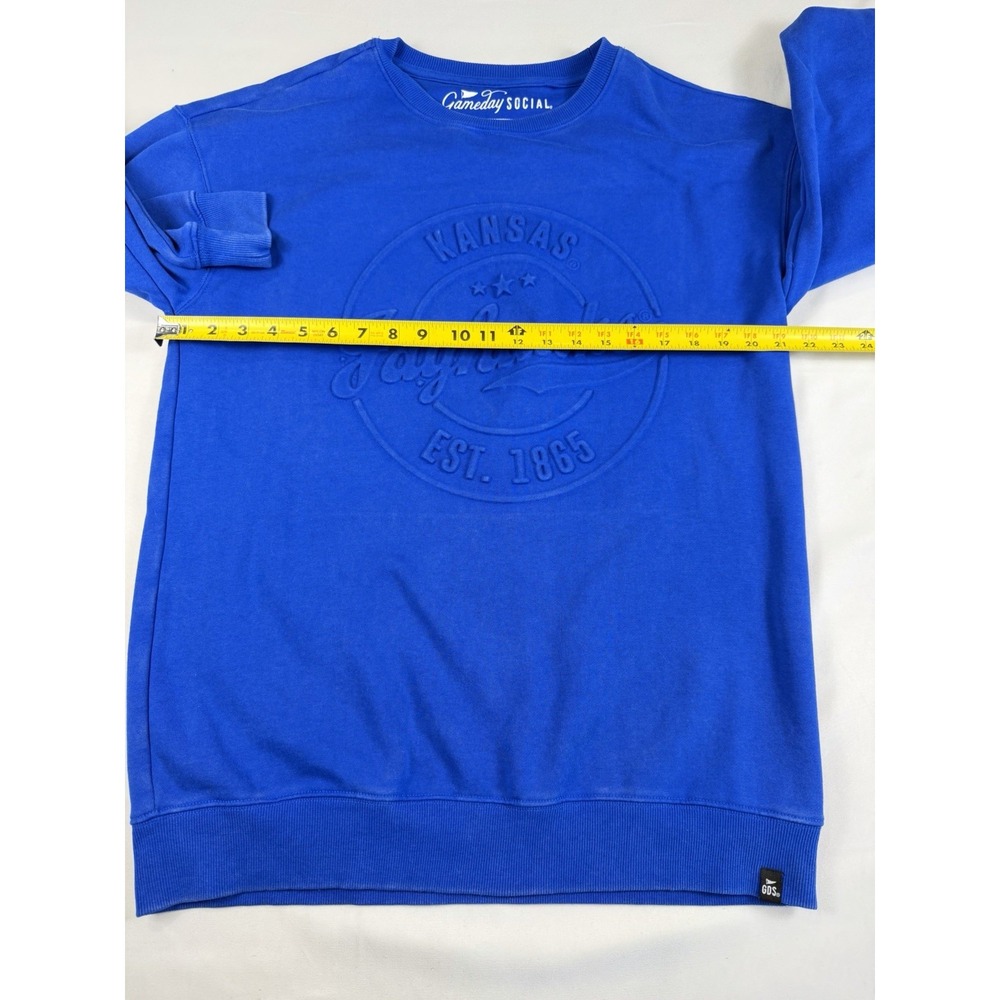 KU Jayhawks Gameday Social Sweatshirt Mens L Blue Embossed Crewneck Faded Look - Picture 6 of 6